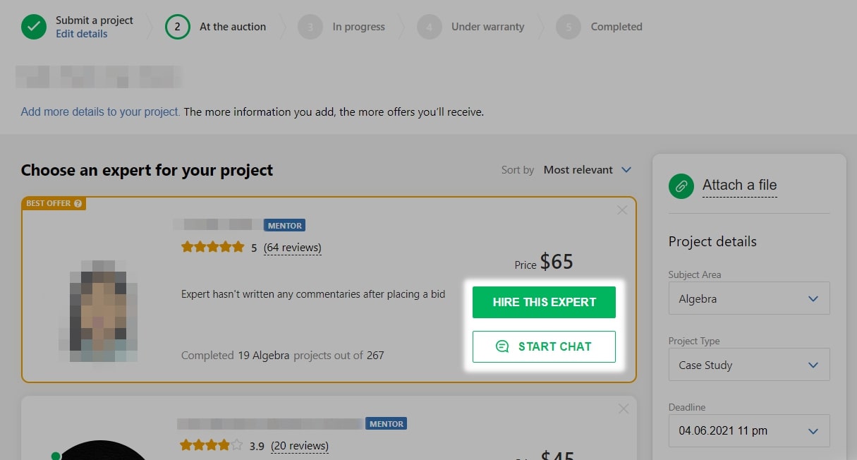 Chat button near project's name and on the offers from experts on the project's page