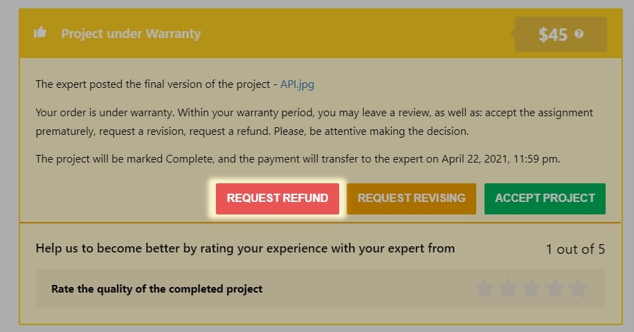 Red 'request refund' button on the project's page