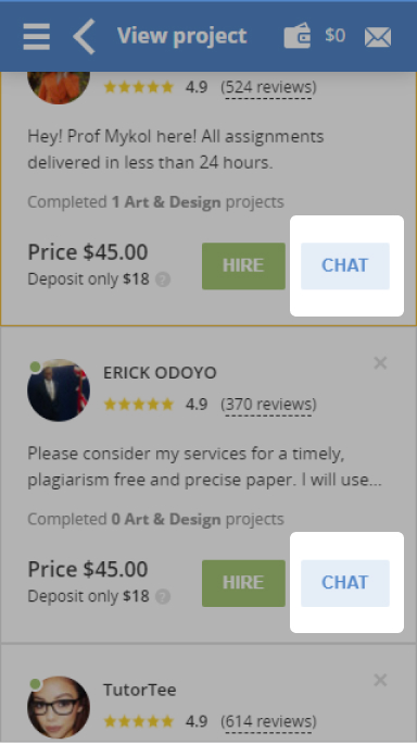 Chat button on the offers from experts on the project's page