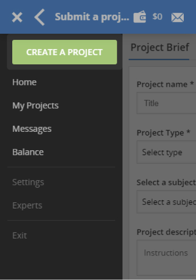 'Create a project' link on the side menu