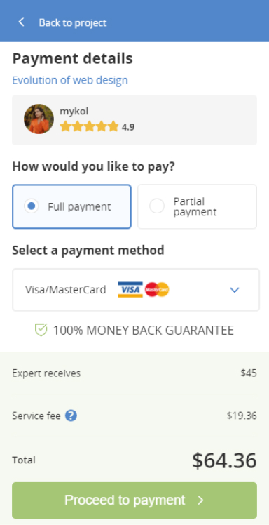 Payment page with payment types and methods to select