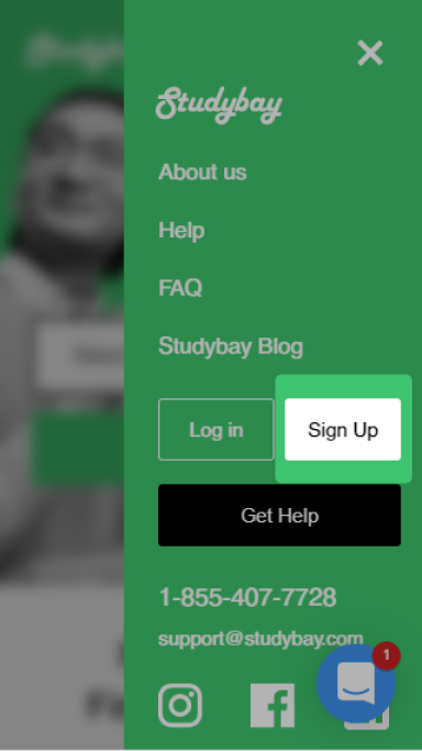 Sign up link in the top right corner on studybay.com page