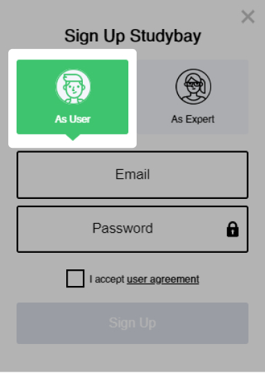 User tab (with sign 'As User') selection to register as a student