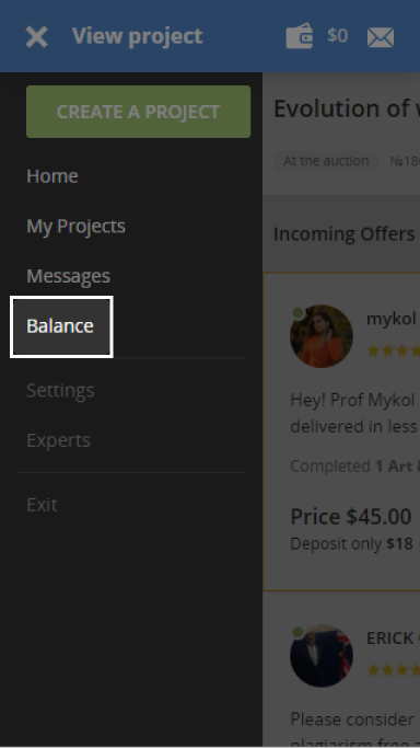 Link to the balance page on the side menu after clicking.