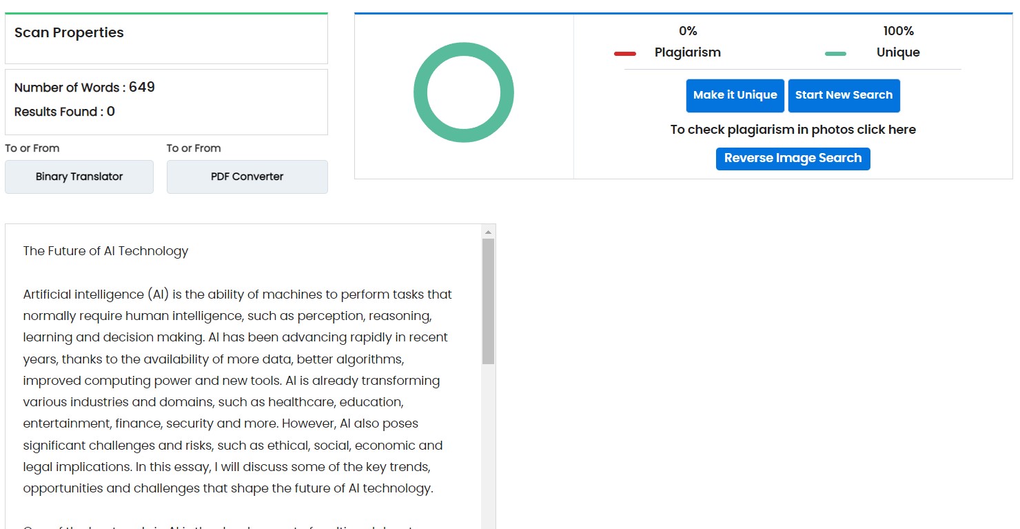 Bing AI plagiarism check results