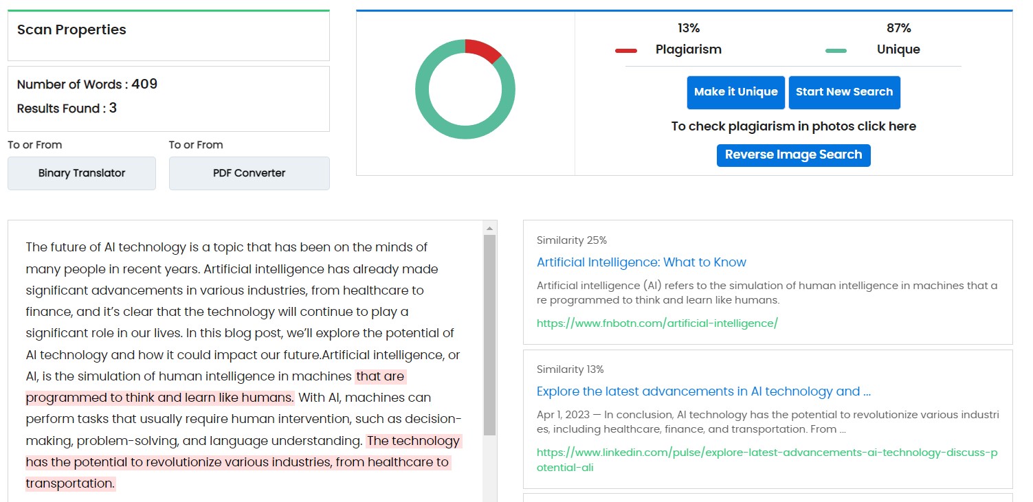 Creaitor plagiarism check results